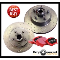 DIMPLED SLOTTED FRONT DISC BRAKE ROTORS + PADS FOR COMMODORE VL 3.0L TURBO 1986-88