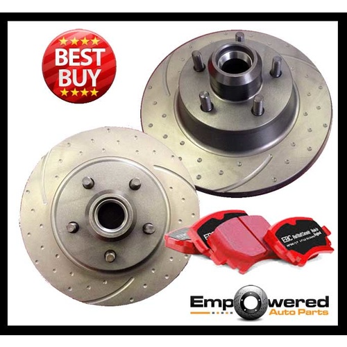 DIMP SLOTTED FRONT RDA DISC BRAKE ROTORS & EBC REDSTUFF PADS FOR HOLDEN VL TURBO V8 CALAIS