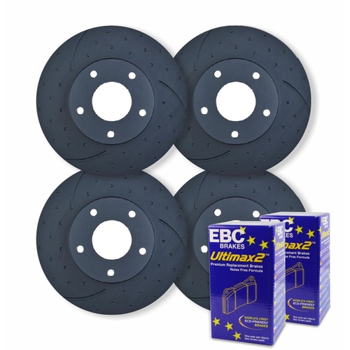 FULL SET DIMPLED SLOTTED DISC BRAKE ROTORS + PADS FOR HOLDEN STATESMAN WK V6 & V8