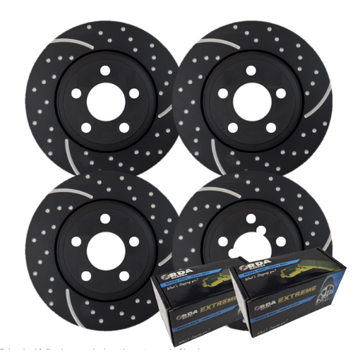 FULL SET DIMPLED & SLOTTED BRAKE ROTORS & H/D PADS FOR TOYOTA LANDCRUISER 70 SERIES 1990-99