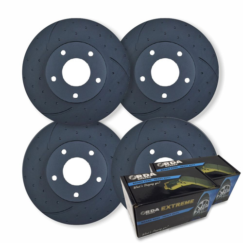 FULL SET DIMPL SLOT DISC BRAKE ROTORS + PADS FOR TOYOTA PRADO 120 SERIES 2003-09